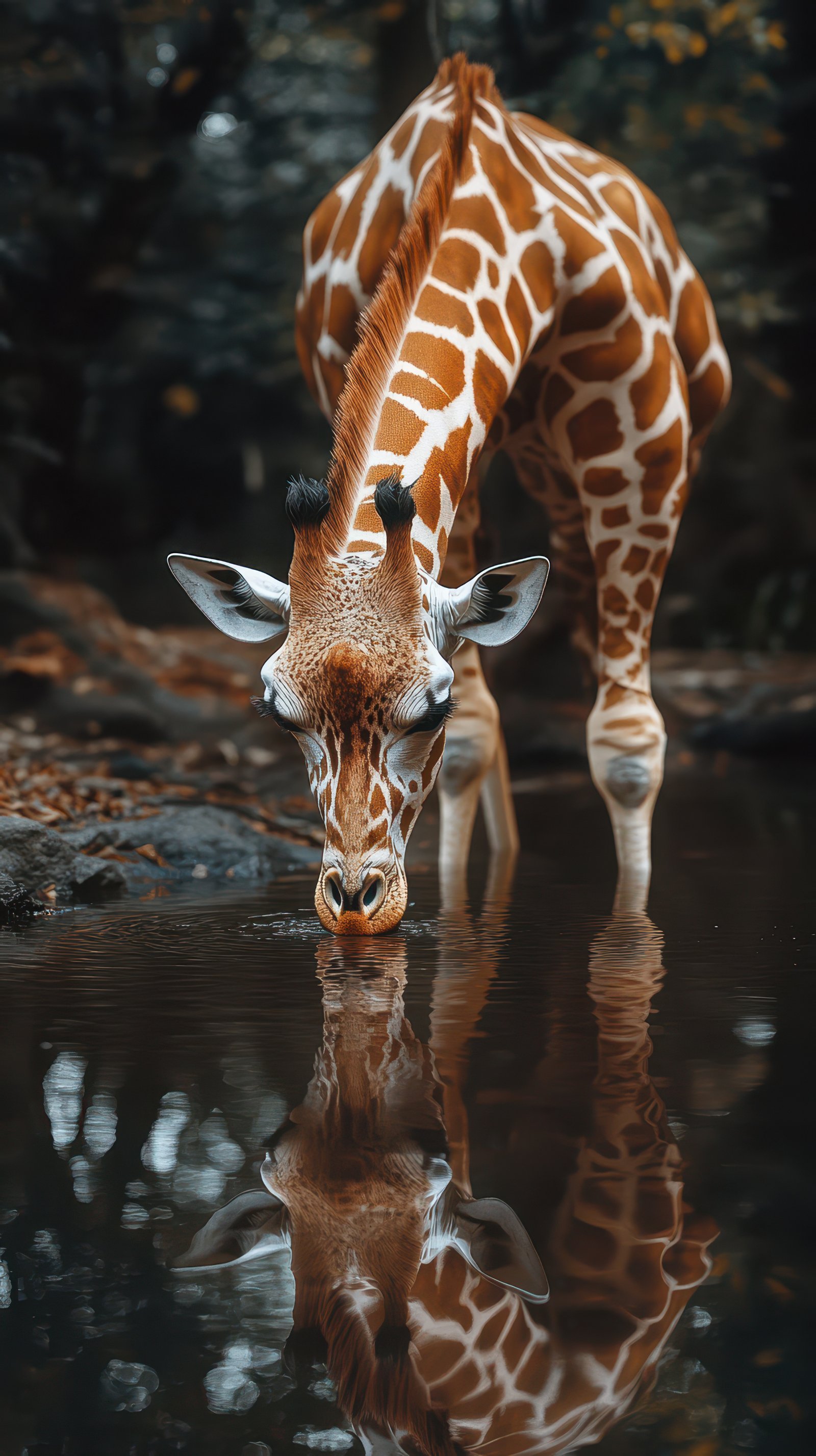 Giraffe drinking water at a serene forest pond during early morning light